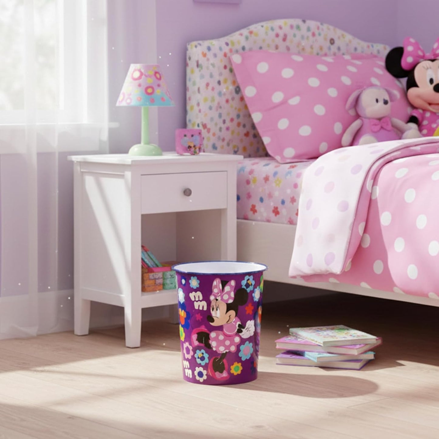 Kids Waste Paper Bin 7L – Minnie Mouse Design Plastic Trash Can for Bedroom, Study Desk & Playroom, Lightweight Open Top Dustbin