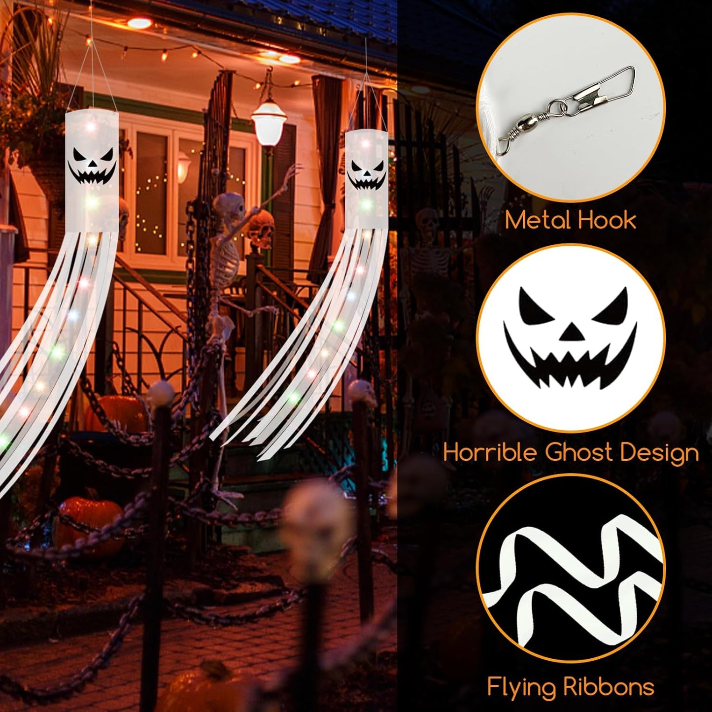 Halloween Ghost Decorations 2PCS – 180CM Hanging Windsock Flags with 2M LED Lights for Outdoor Yard, Garden, Lawn & Halloween Party Decor