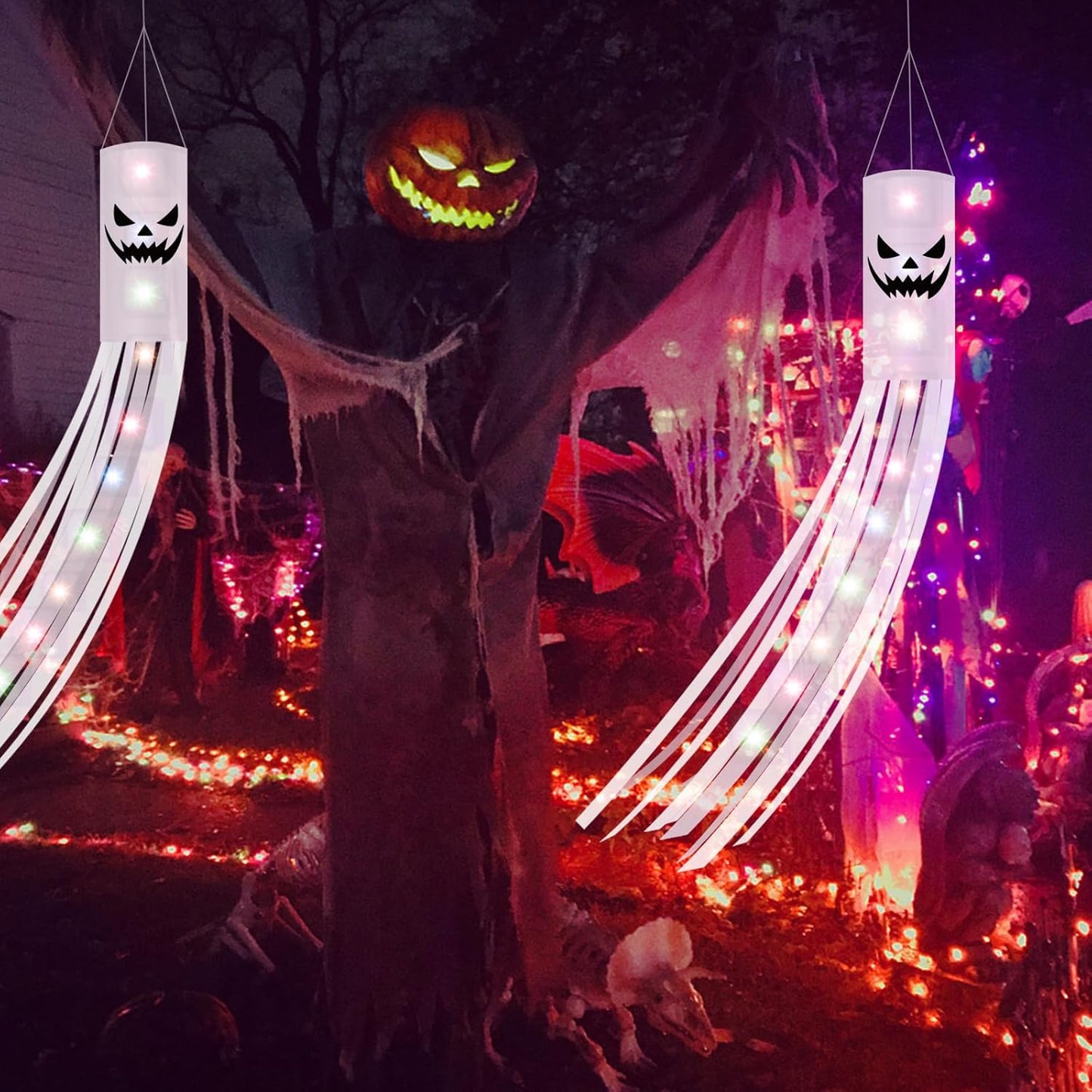 Halloween Ghost Decorations 2PCS – 180CM Hanging Windsock Flags with 2M LED Lights for Outdoor Yard, Garden, Lawn & Halloween Party Decor
