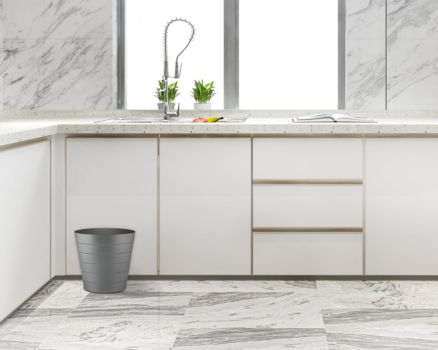 8L Plastic Paper Bin – Shatterproof Open Top Office & Desk Waste Basket, Modern Wave Design, Grey