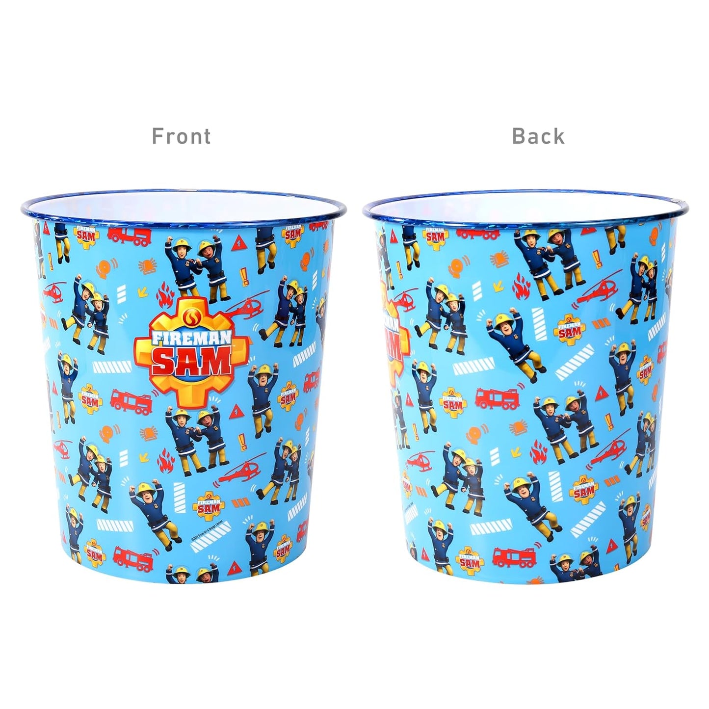 Kids Waste Paper Bin 7L – Fireman Sam Design Plastic Trash Can for Bedroom, Study Desk & Playroom, Lightweight Open Top Dustbin