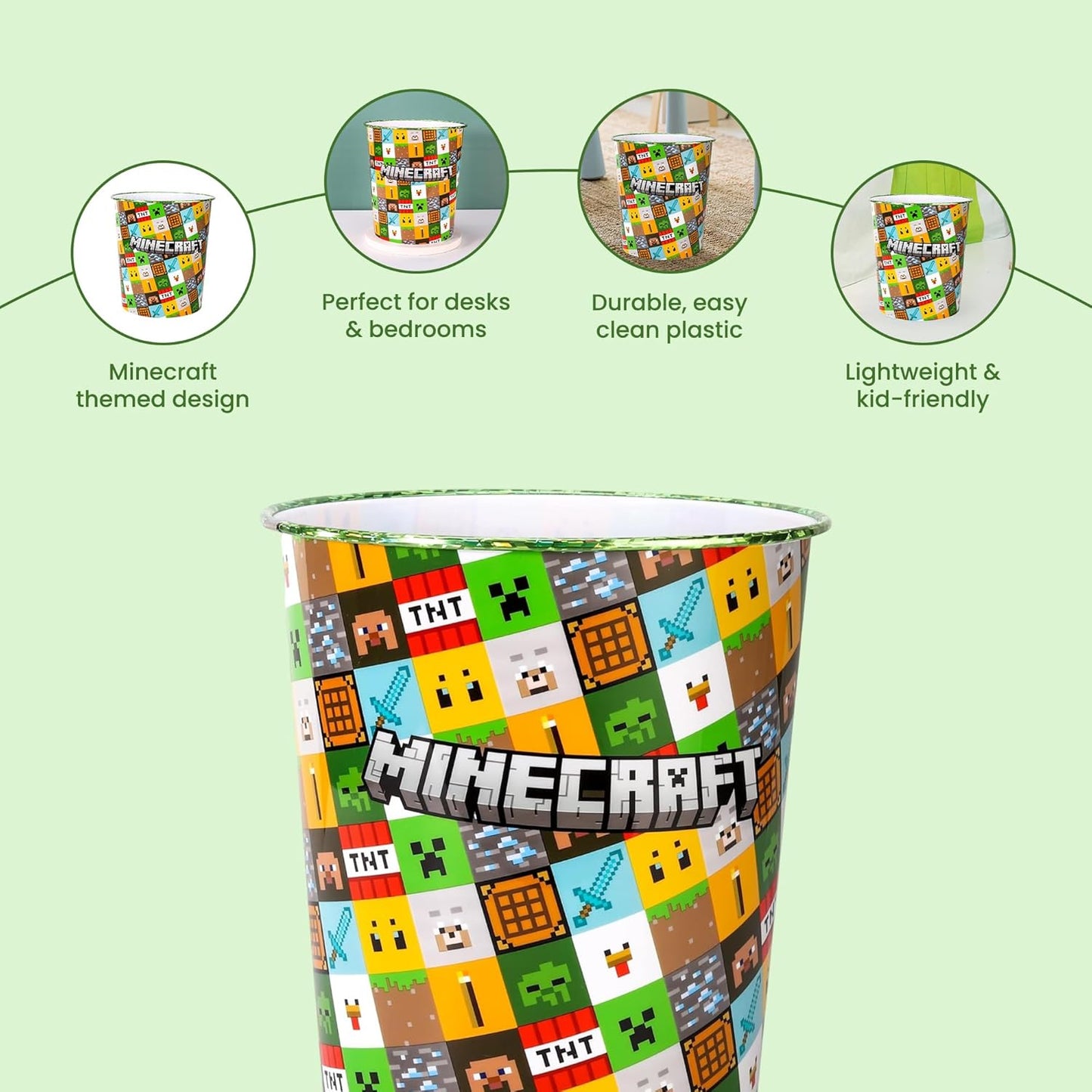 Kids Waste Paper Bin 7L – Minecraft Design Plastic Trash Can for Bedroom, Study Desk & Playroom, Lightweight Open Top Dustbin