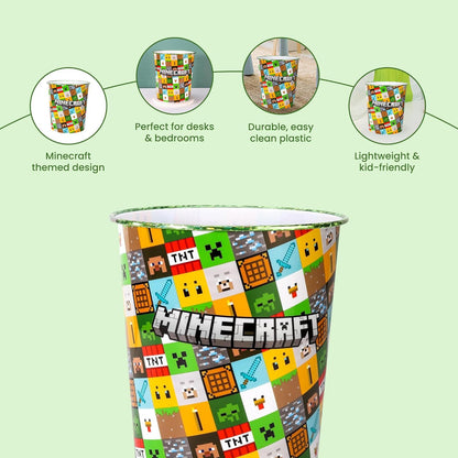 Kids Waste Paper Bin 7L – Minecraft Design Plastic Trash Can for Bedroom, Study Desk & Playroom, Lightweight Open Top Dustbin