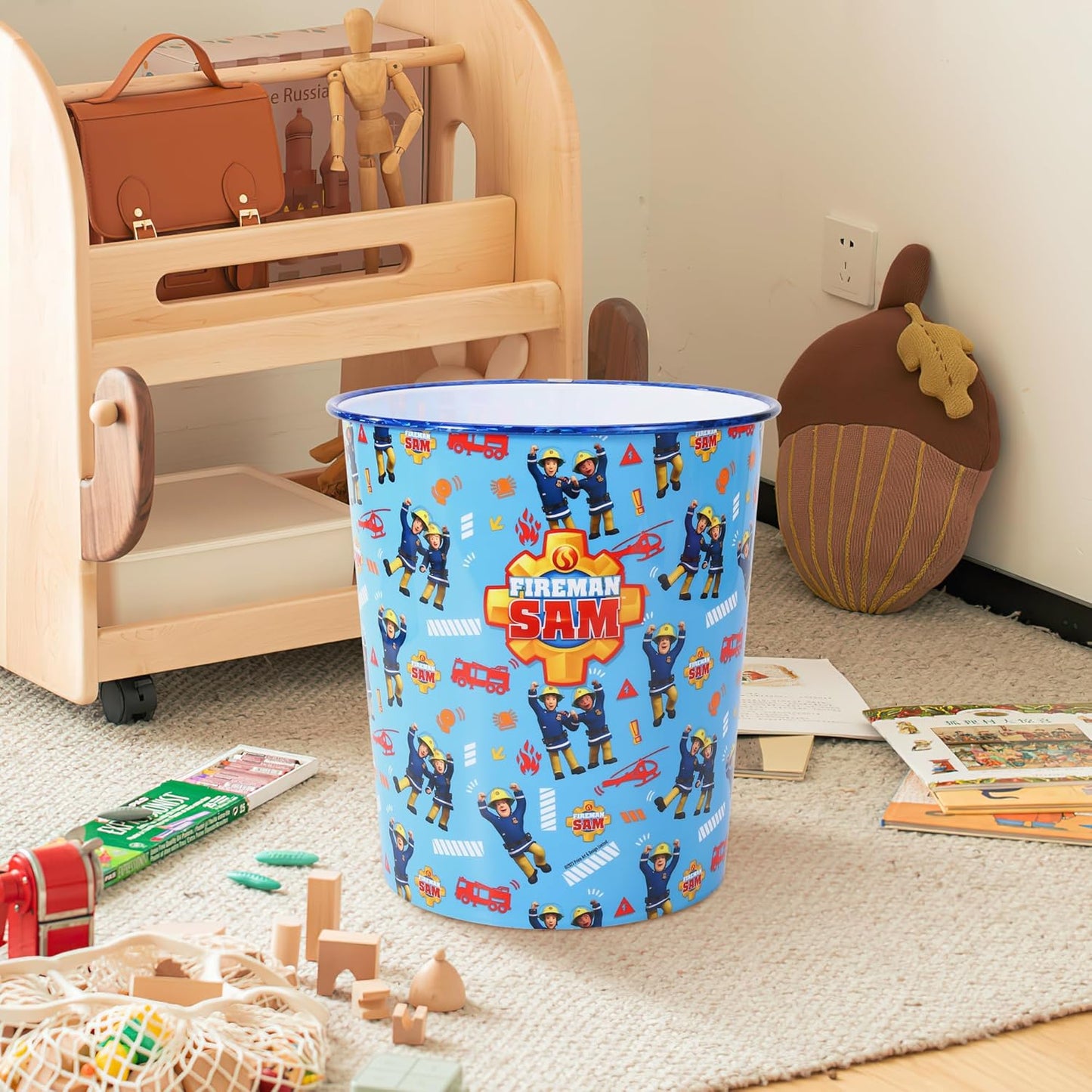 Kids Waste Paper Bin 7L – Fireman Sam Design Plastic Trash Can for Bedroom, Study Desk & Playroom, Lightweight Open Top Dustbin