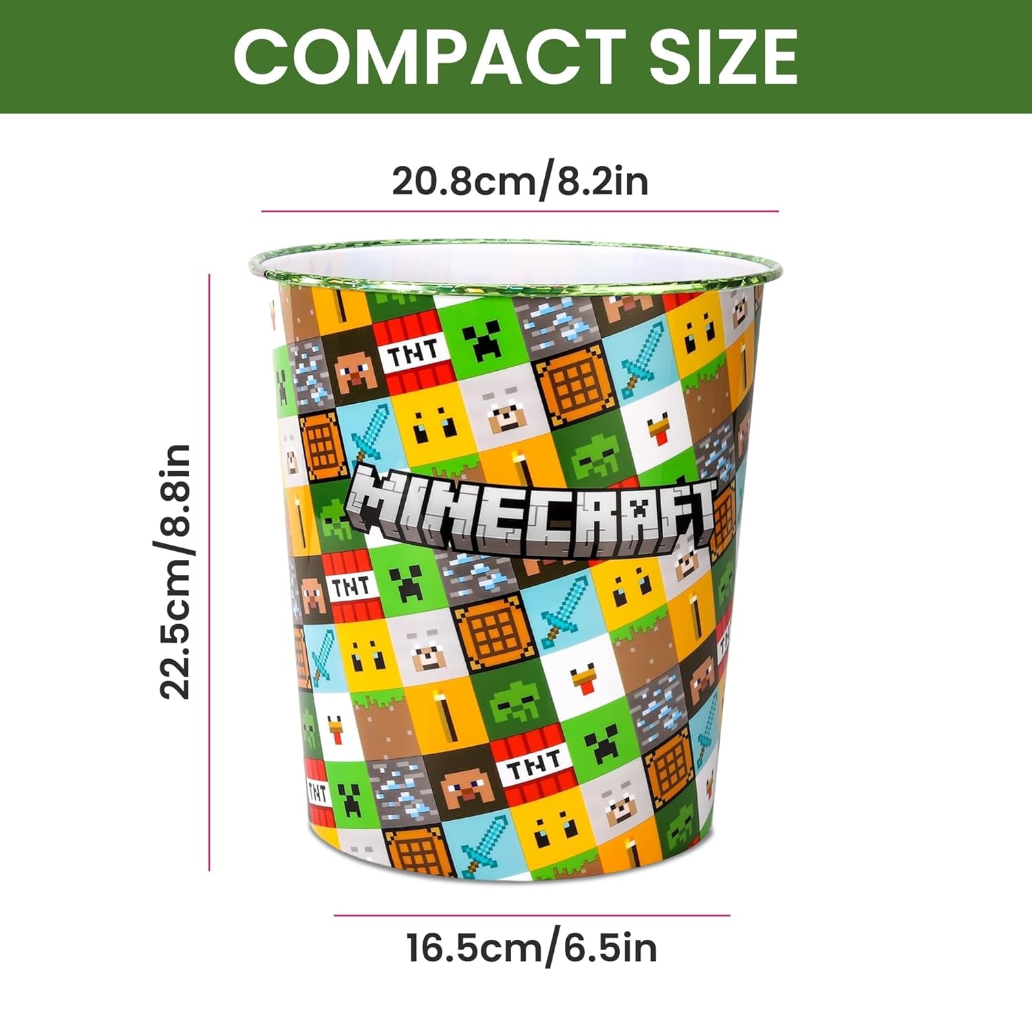 Kids Waste Paper Bin 7L – Minecraft Design Plastic Trash Can for Bedroom, Study Desk & Playroom, Lightweight Open Top Dustbin