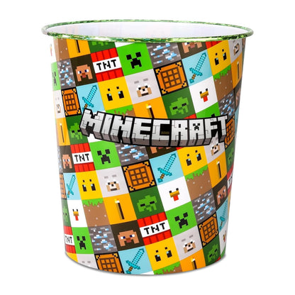 Kids Waste Paper Bin 7L – Minecraft Design Plastic Trash Can for Bedroom, Study Desk & Playroom, Lightweight Open Top Dustbin