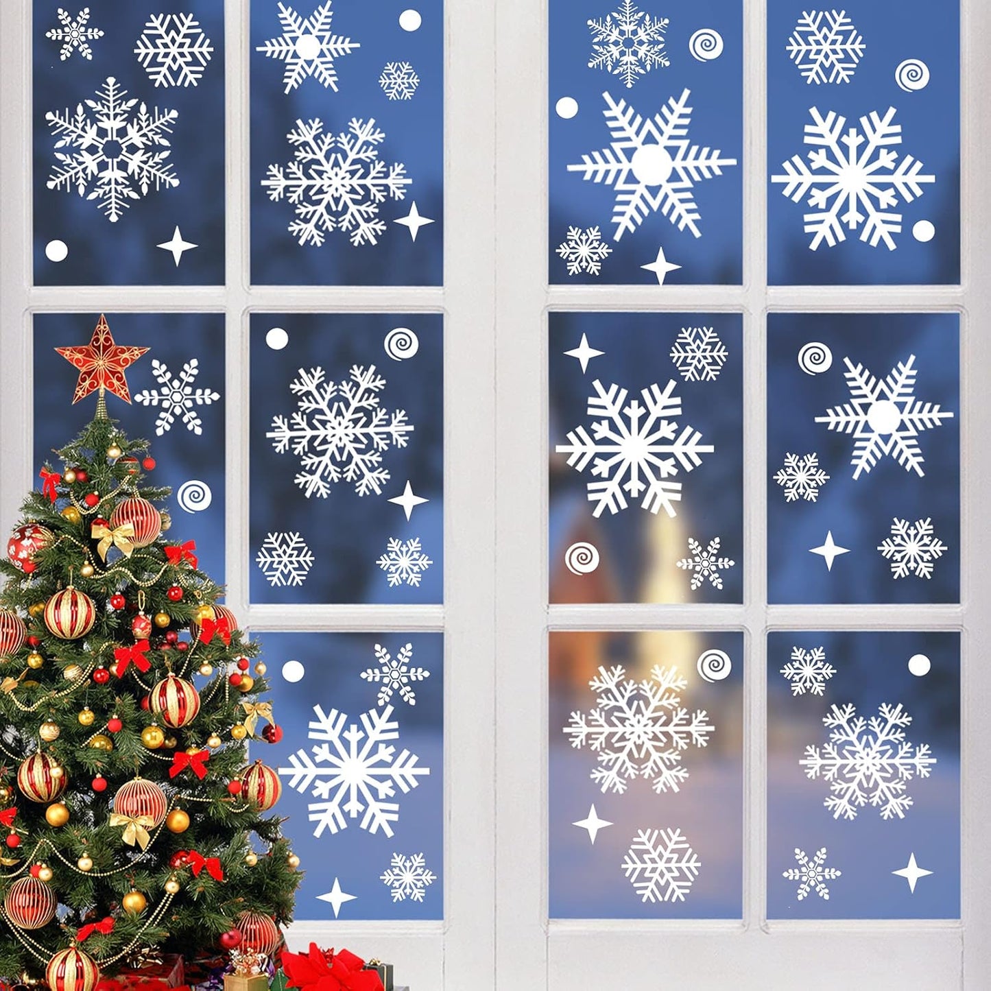 262 PCS Reusable Christmas Window Stickers – Removable Static Snowflake Window Clings, White PVC Xmas Decorations for Home, Shop & Glass Windows