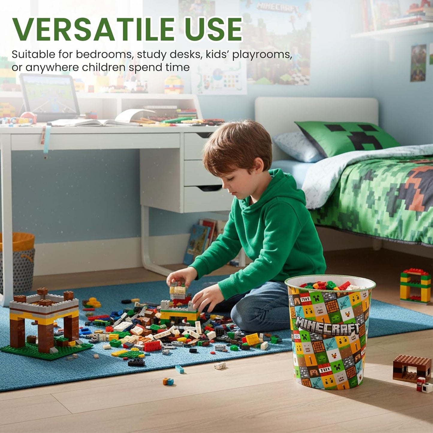 Kids Waste Paper Bin 7L – Minecraft Design Plastic Trash Can for Bedroom, Study Desk & Playroom, Lightweight Open Top Dustbin