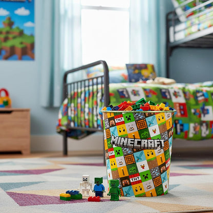 Kids Waste Paper Bin 7L – Minecraft Design Plastic Trash Can for Bedroom, Study Desk & Playroom, Lightweight Open Top Dustbin