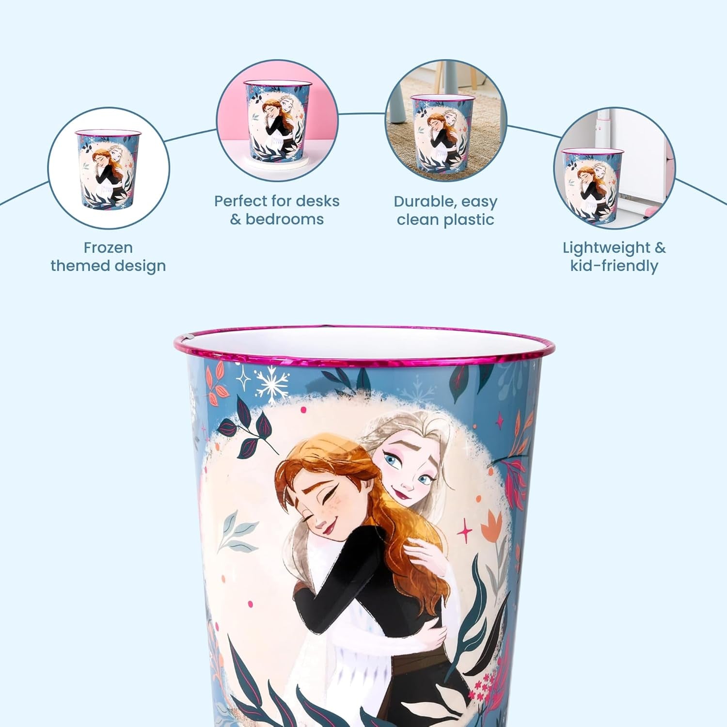 Kids Waste Paper Bin 7L – Frozen Design Plastic Trash Can for Bedroom, Study Desk & Playroom, Lightweight Open Top Dustbin