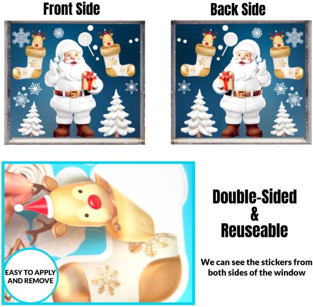9 Sheets 3D Christmas Window Stickers – Double-Sided Reusable Xmas Window Clings with Snowflakes, Santa Claus, Reindeer & Snowman Designs