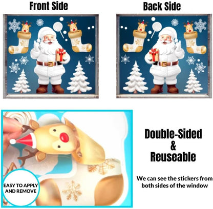 9 Sheets 3D Christmas Window Stickers – Double-Sided Reusable Xmas Window Clings with Snowflakes, Santa Claus, Reindeer & Snowman Designs