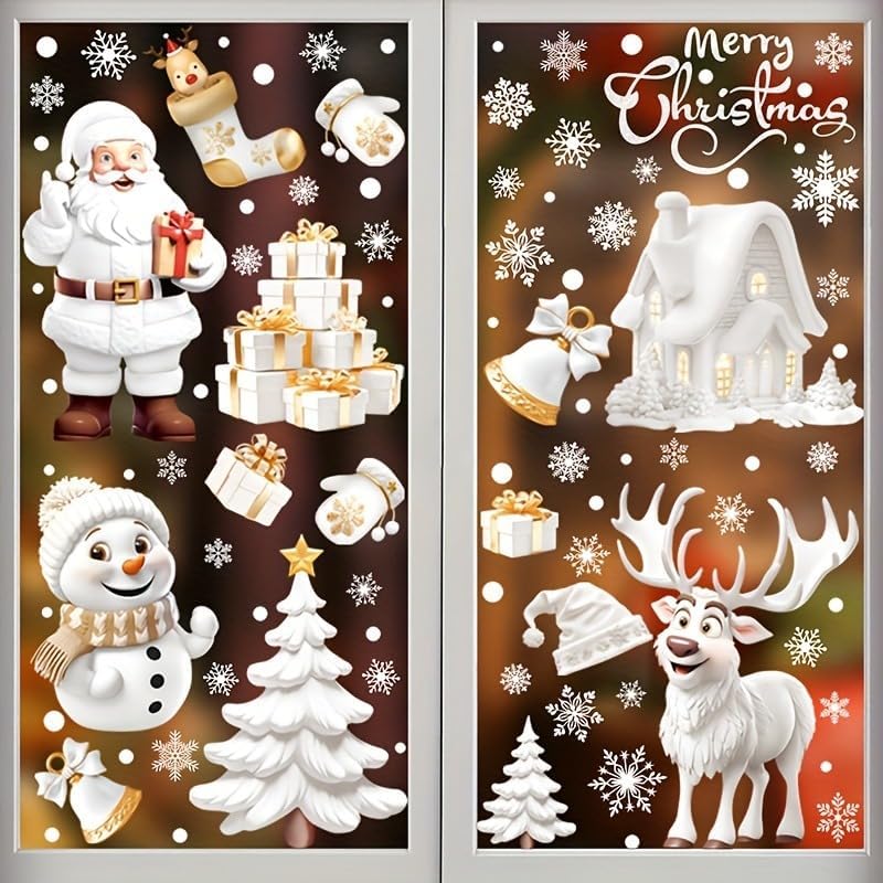 9 Sheets 3D Christmas Window Stickers – Double-Sided Reusable Xmas Window Clings with Snowflakes, Santa Claus, Reindeer & Snowman Designs