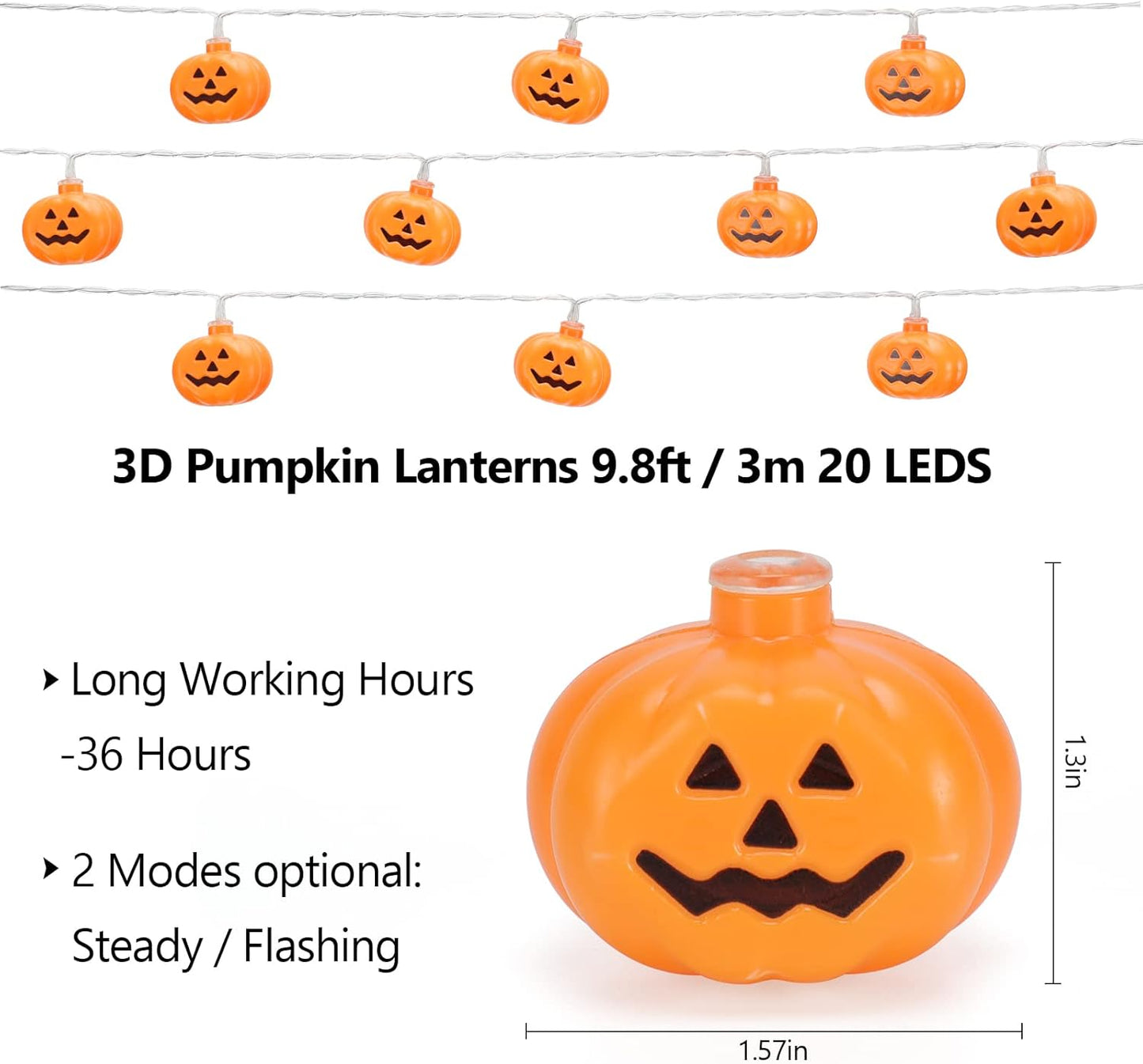 3M Halloween Pumpkin String Lights – 20 LED Battery Powered Fairy Lights for Indoor Outdoor Room, Garden & Party Decor