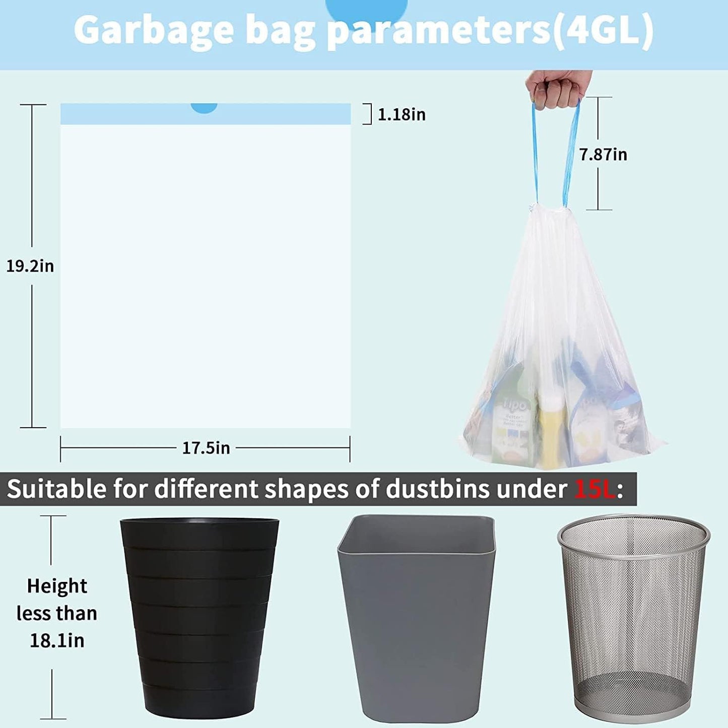 15L Drawstring Bin Bags – Strong Small Rubbish Bags, Unscented, 3 Rolls (45×50cm)