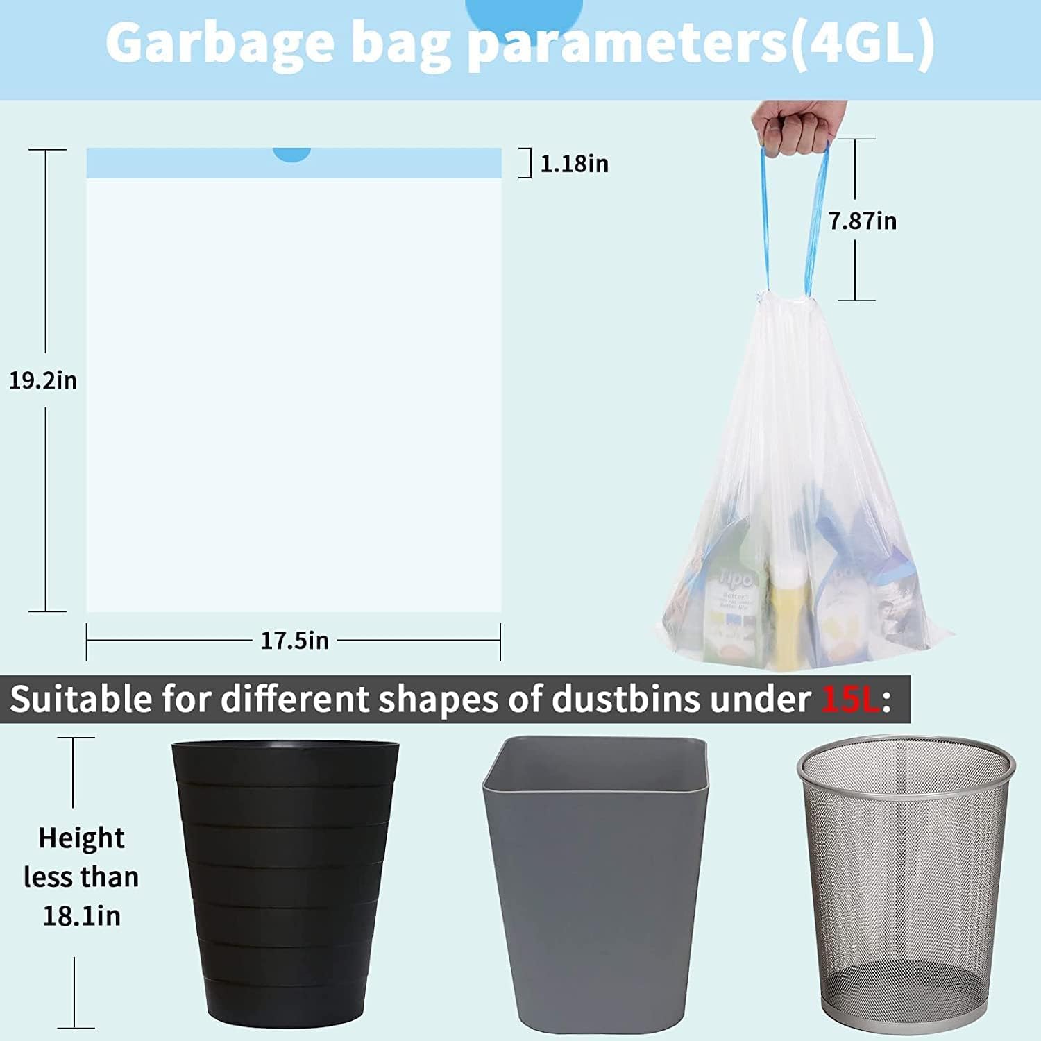 15L Drawstring Bin Bags – Strong Small Rubbish Bags, Unscented, 3 Rolls (45×50cm)