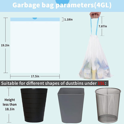 15L Drawstring Bin Bags – Strong Small Rubbish Bags, Unscented, 3 Rolls (45×50cm)