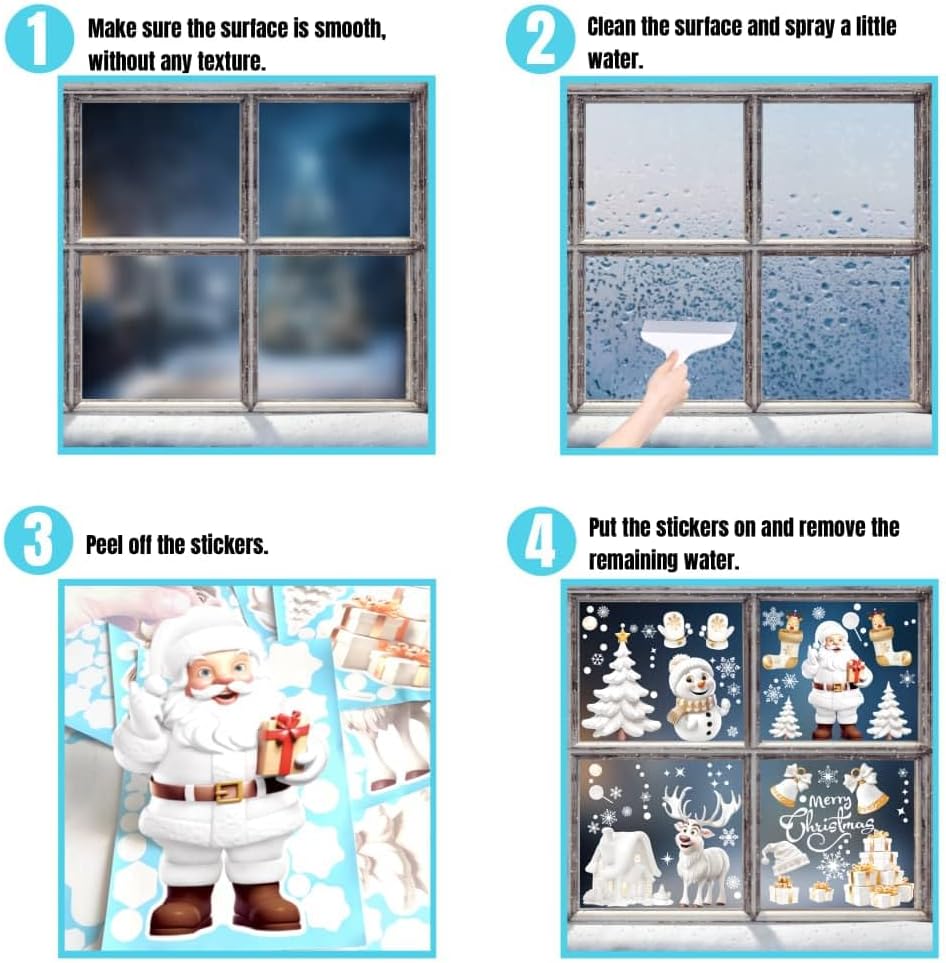 9 Sheets 3D Christmas Window Stickers – Double-Sided Reusable Xmas Window Clings with Snowflakes, Santa Claus, Reindeer & Snowman Designs
