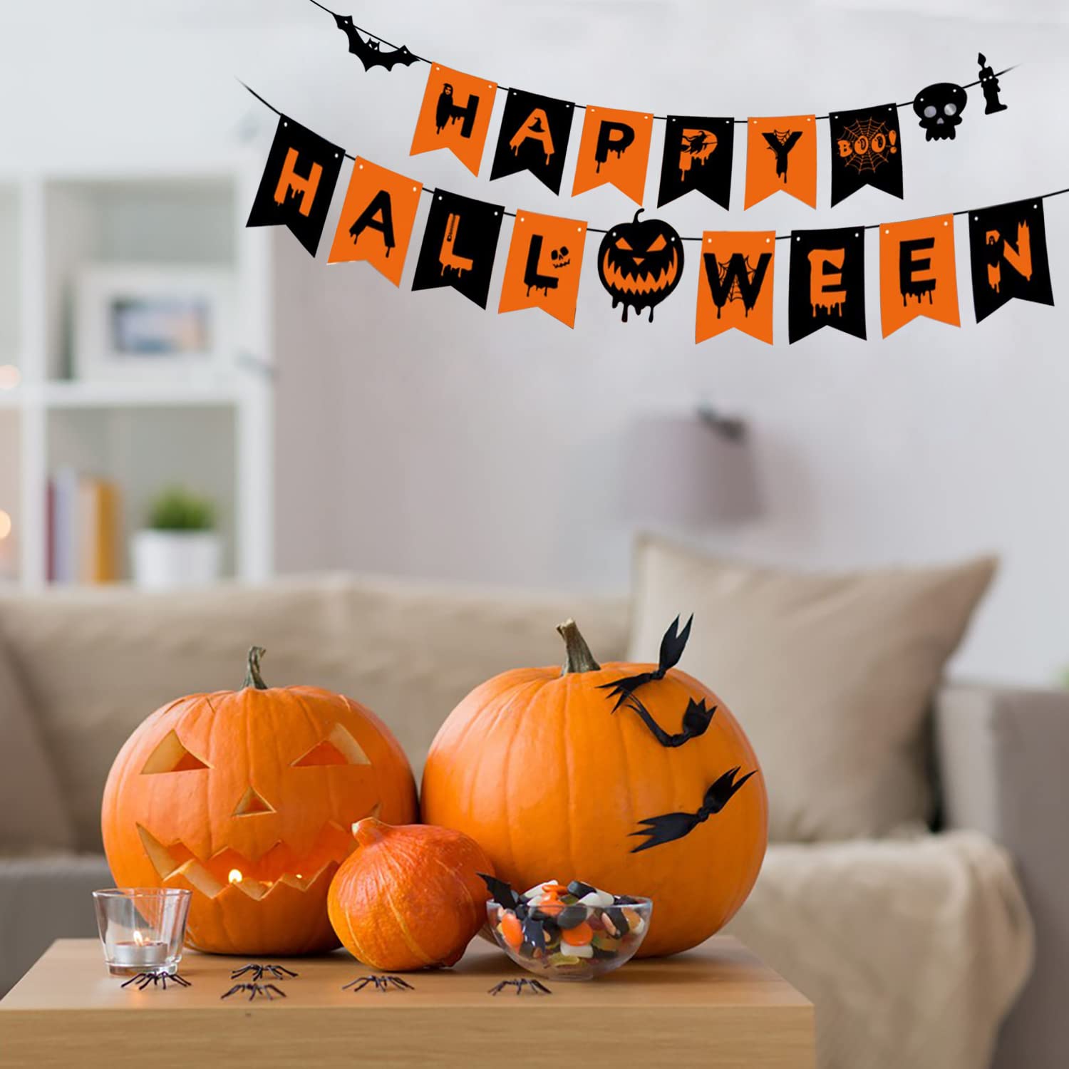 Happy Halloween Banner Decorations – Pumpkin Bunting Hanging Garland for Indoor & Outdoor Halloween Party, Home or Office Decor