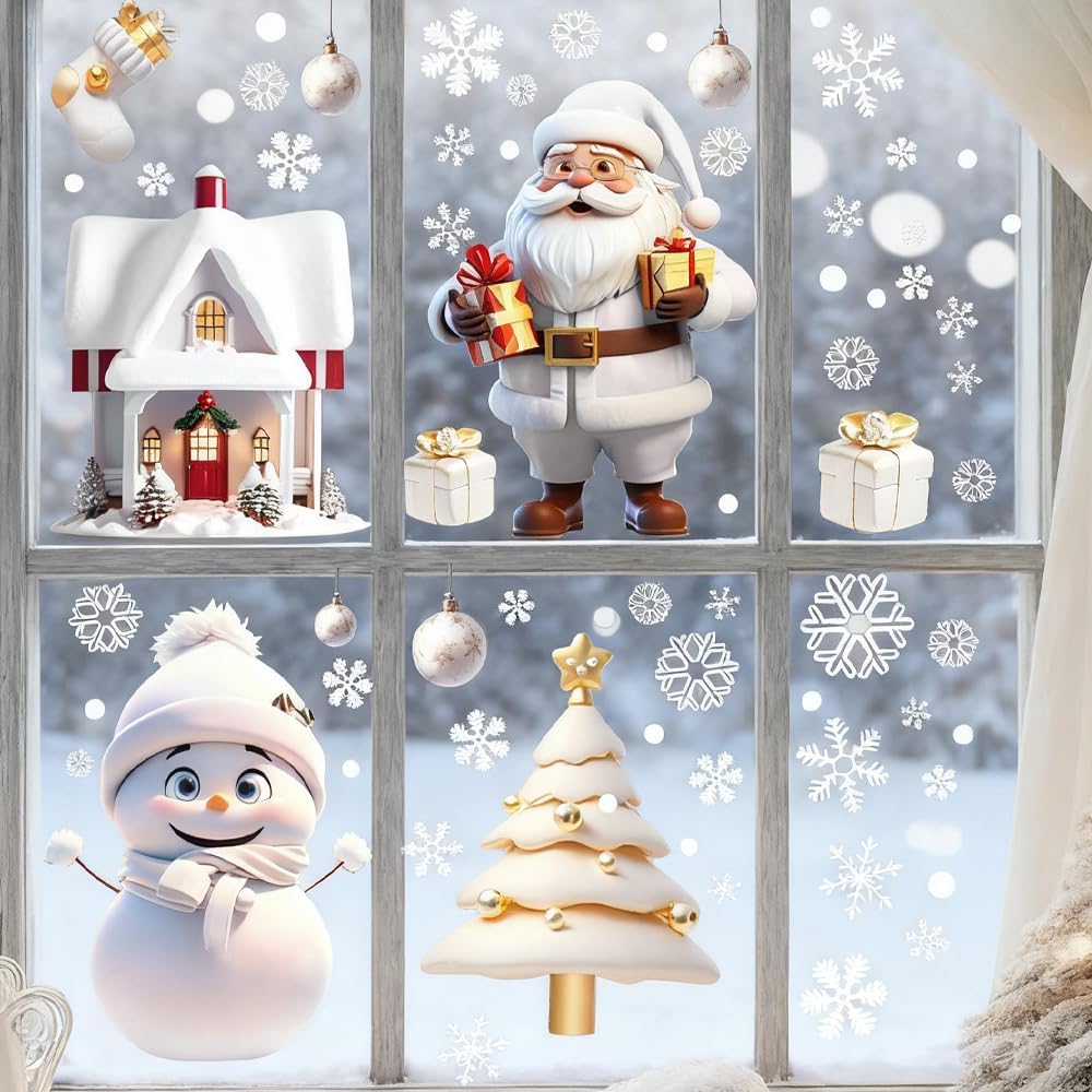 114PCS Christmas Snowflake Window Stickers – White 3D Static Clings with Santa & Snowman Designs for Glass Windows, Home & Holiday Party Decorations