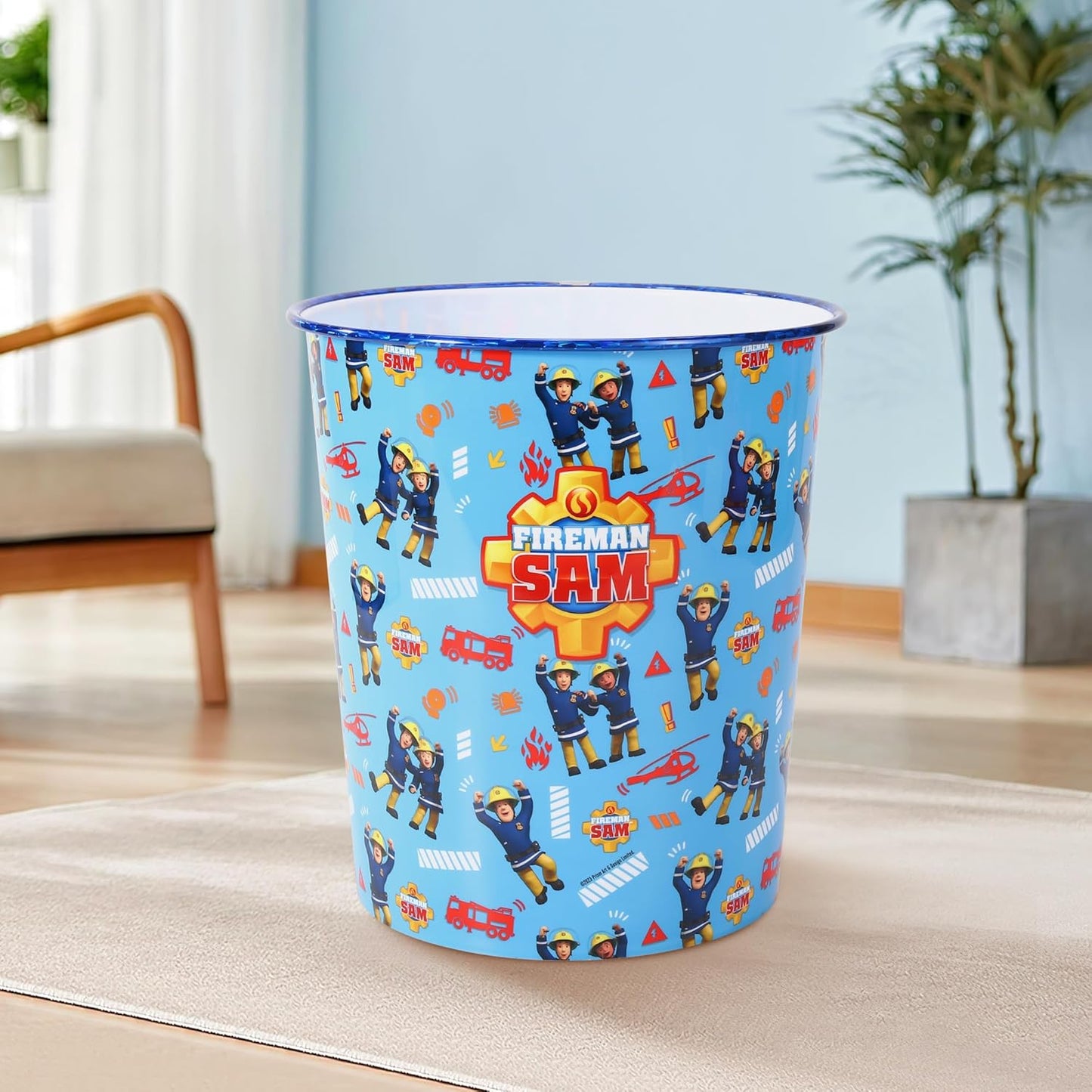 Kids Waste Paper Bin 7L – Fireman Sam Design Plastic Trash Can for Bedroom, Study Desk & Playroom, Lightweight Open Top Dustbin