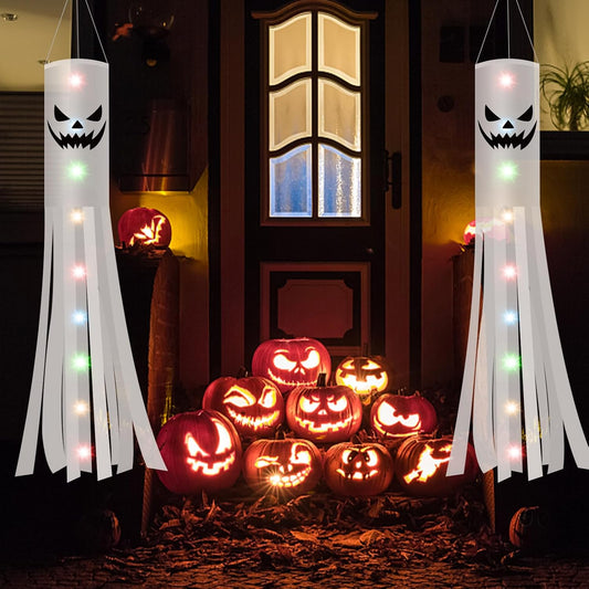 Halloween Ghost Decorations 2PCS – 180CM Hanging Windsock Flags with 2M LED Lights for Outdoor Yard, Garden, Lawn & Halloween Party Decor