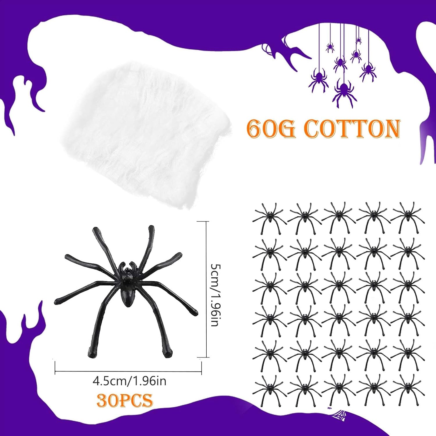 Halloween Spider Web Decoration – 60g Stretchable Cobwebs with 30pcs Fake Spiders for Indoor Outdoor Party & Haunted House Decor