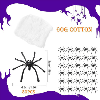 Halloween Spider Web Decoration – 60g Stretchable Cobwebs with 30pcs Fake Spiders for Indoor Outdoor Party & Haunted House Decor