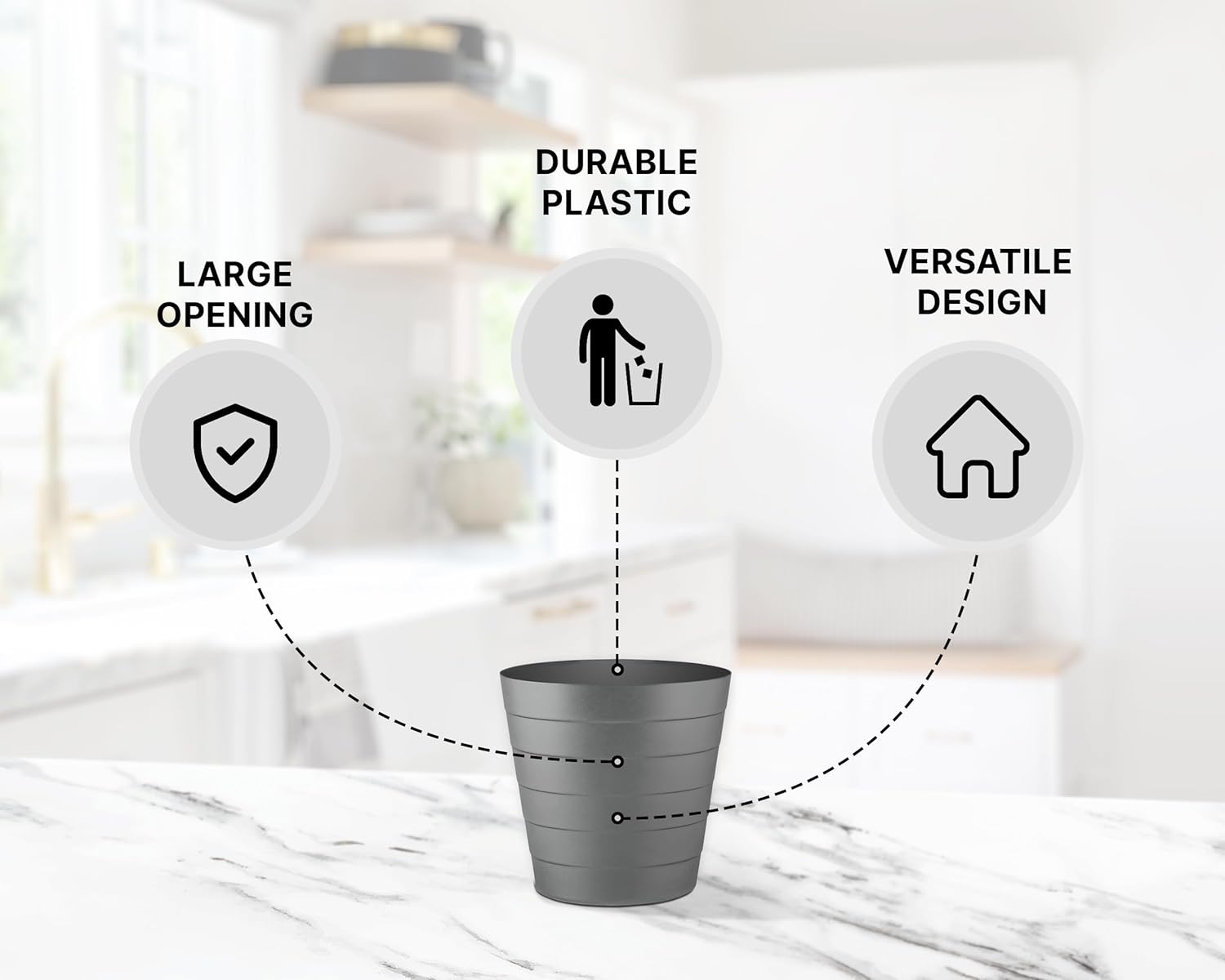 8L Plastic Paper Bin – Shatterproof Open Top Office & Desk Waste Basket, Modern Wave Design, Grey