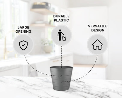 8L Plastic Paper Bin – Shatterproof Open Top Office & Desk Waste Basket, Modern Wave Design, Grey