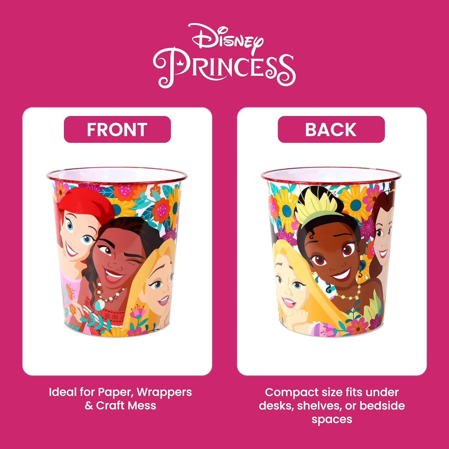 Kids Waste Paper Bin 7L – Disney Princess Design Plastic Trash Can for Bedroom, Study Desk & Playroom, Lightweight Open Top Dustbin