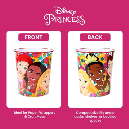 Kids Waste Paper Bin 7L – Disney Princess Design Plastic Trash Can for Bedroom, Study Desk & Playroom, Lightweight Open Top Dustbin
