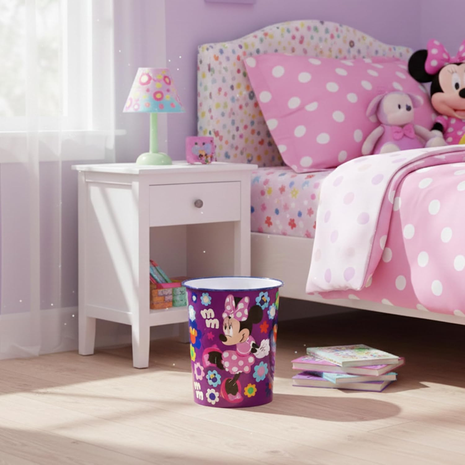 Kids Waste Paper Bin 7L – Minnie Mouse Design Plastic Trash Can for Bedroom, Study Desk & Playroom, Lightweight Open Top Dustbin