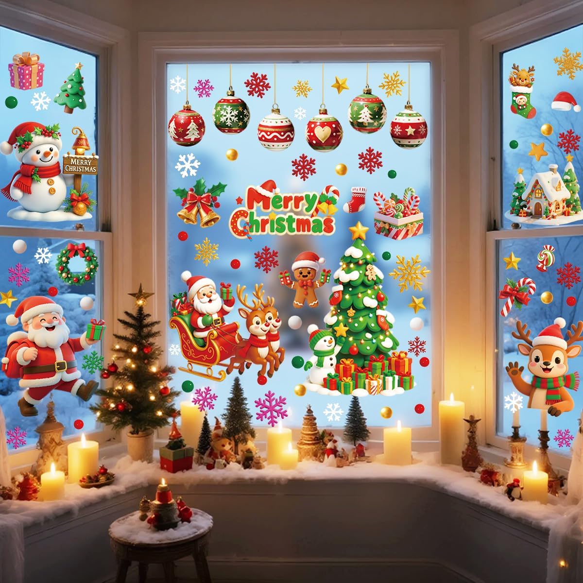 9 Sheets Double-Sided Christmas Window Stickers – Reusable Xmas Window Clings with Santa, Snowman & Snowflakes for Home, Shop & Holiday Decorations