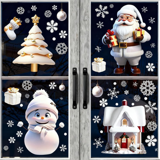 114PCS Christmas Snowflake Window Stickers – White 3D Static Clings with Santa & Snowman Designs for Glass Windows, Home & Holiday Party Decorations