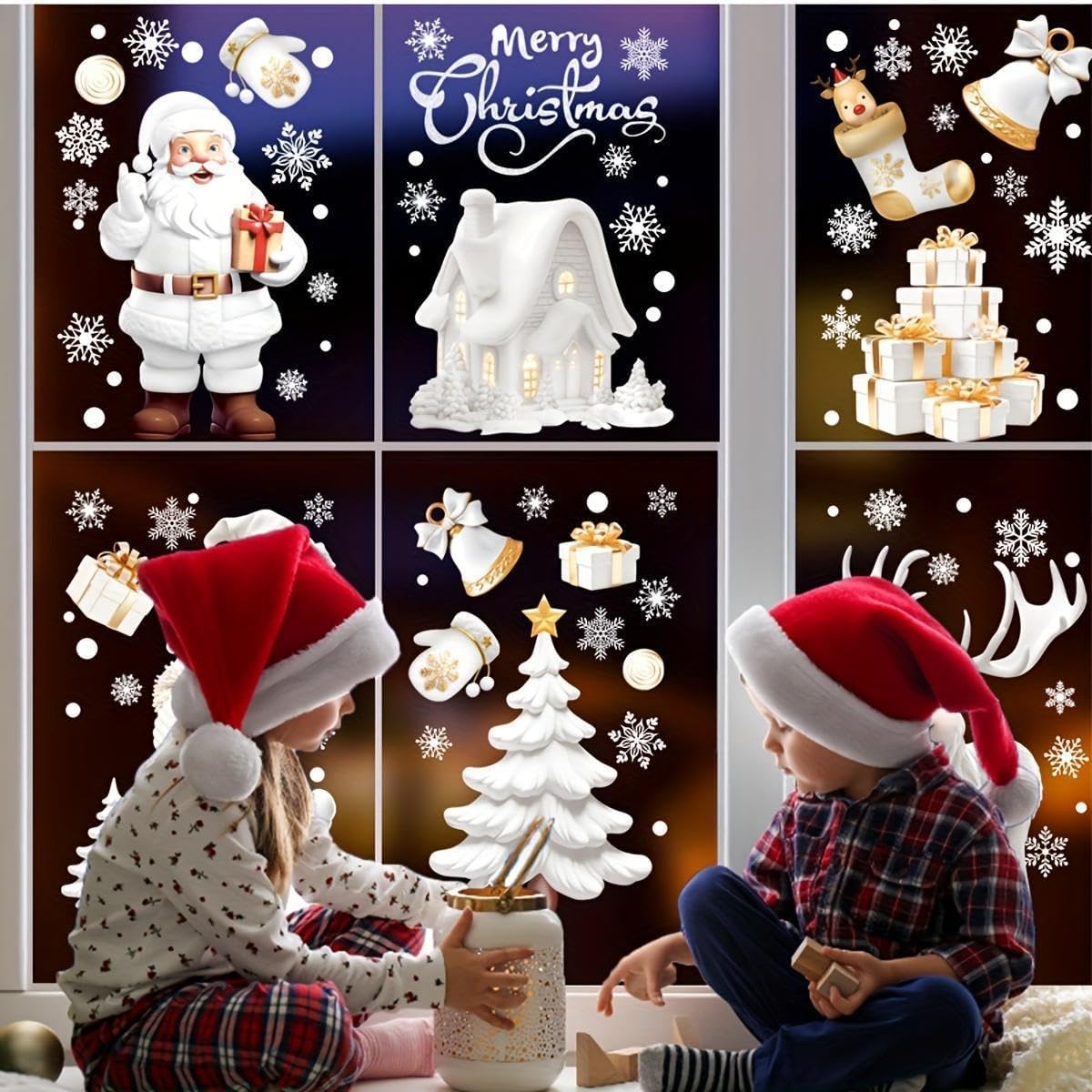9 Sheets 3D Christmas Window Stickers – Double-Sided Reusable Xmas Window Clings with Snowflakes, Santa Claus, Reindeer & Snowman Designs