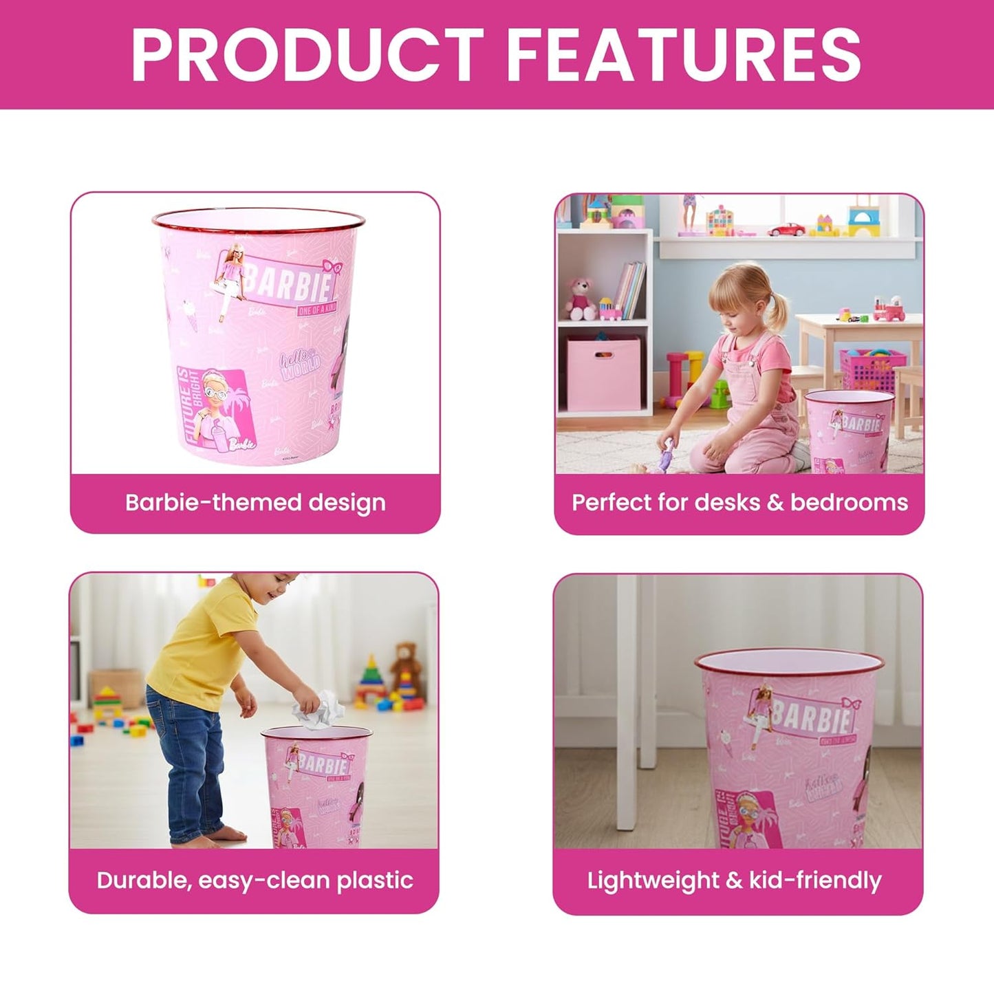 Kids Waste Paper Bin 7L – Barbie Design Plastic Trash Can for Bedroom, Study Desk & Playroom, Lightweight Open Top Dustbin