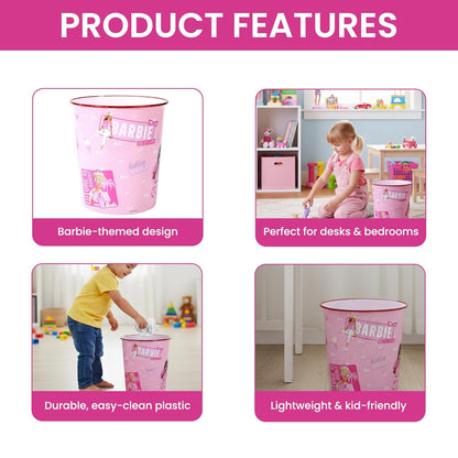 Kids Waste Paper Bin 7L – Barbie Design Plastic Trash Can for Bedroom, Study Desk & Playroom, Lightweight Open Top Dustbin