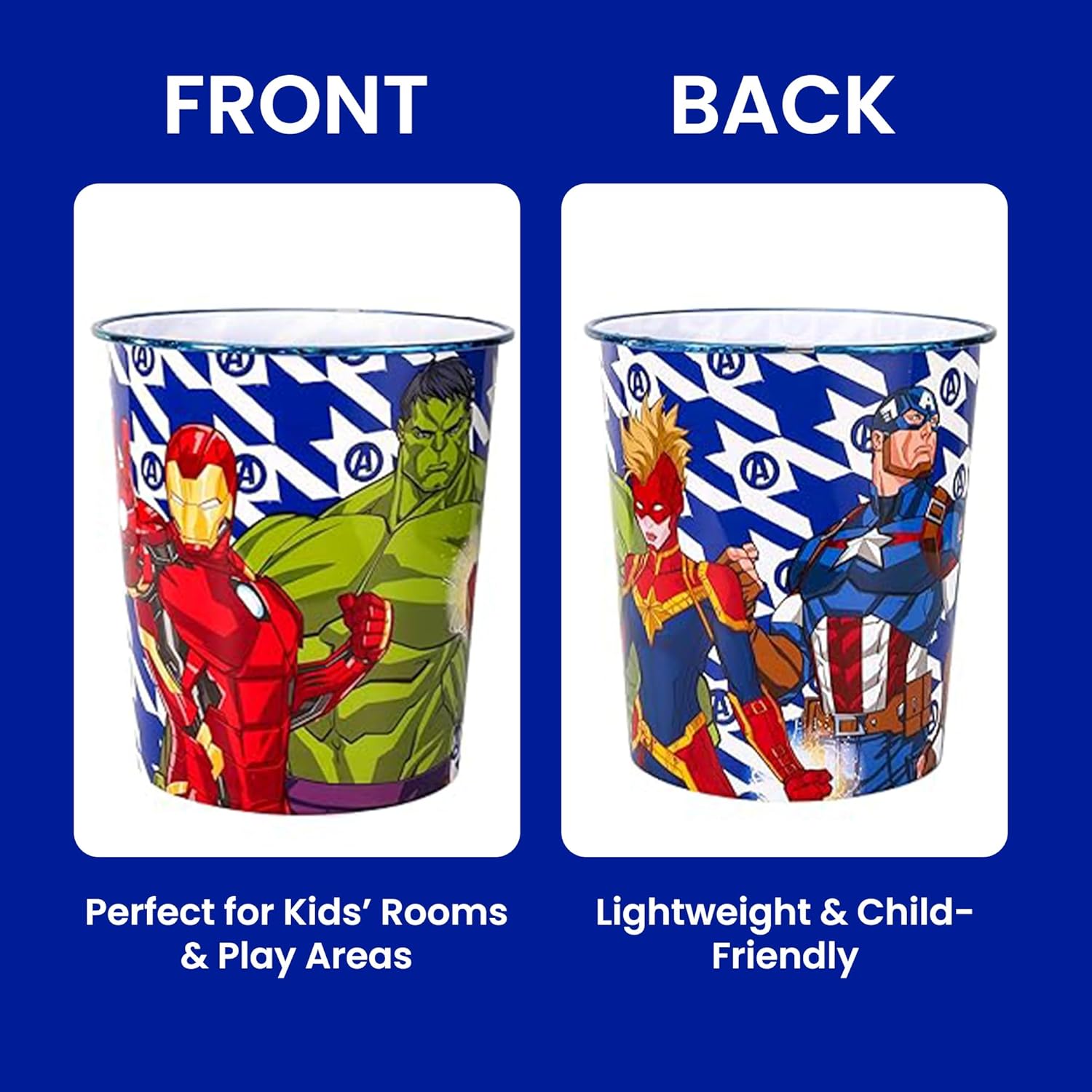 Kids Waste Paper Bin 7L – Avengers Design Plastic Trash Can for Bedroom, Study Desk & Playroom, Lightweight Open Top Dustbin