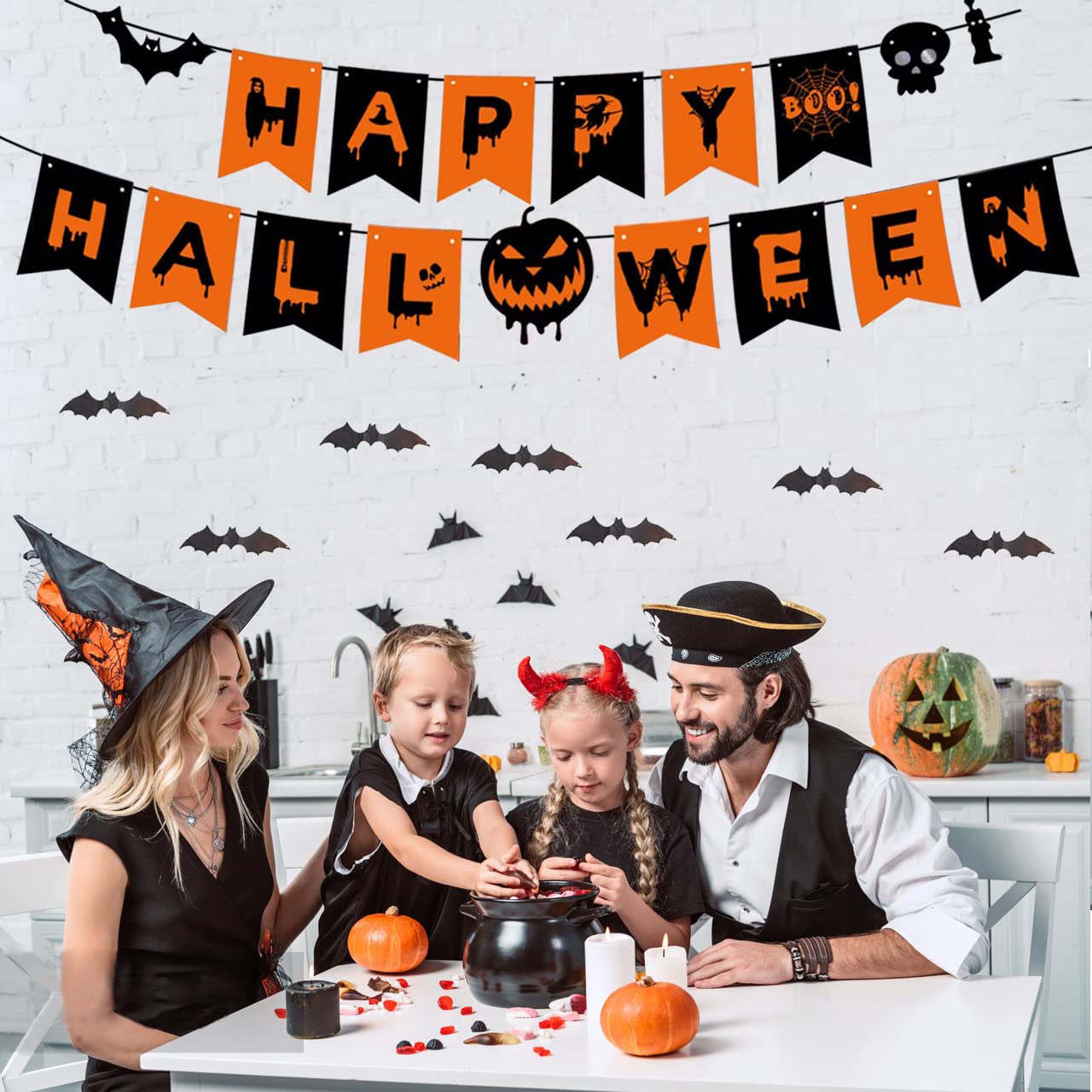 Happy Halloween Banner Decorations – Pumpkin Bunting Hanging Garland for Indoor & Outdoor Halloween Party, Home or Office Decor