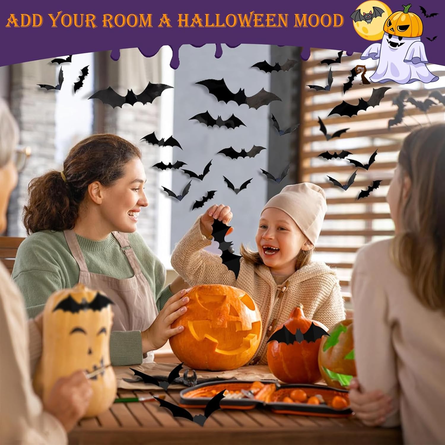 Halloween Bats Decorations 24PCS – 3D Stick On Wall Bats for Indoor & Outdoor Halloween Party, Home & Window Decorations