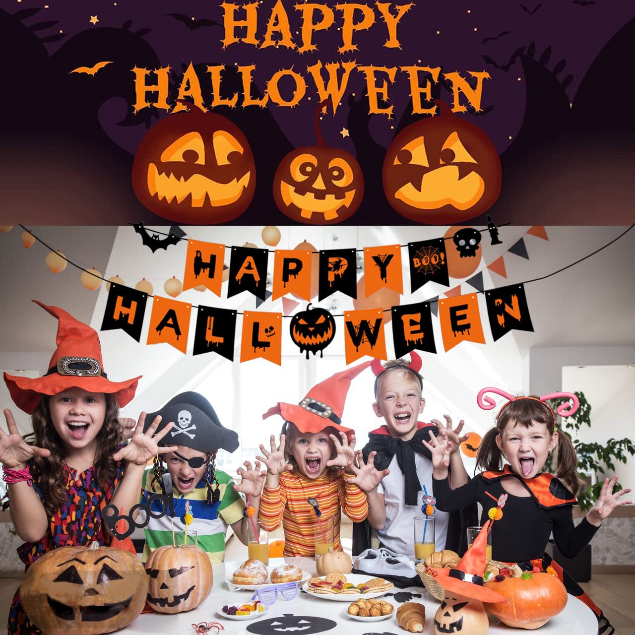 Happy Halloween Banner Decorations – Pumpkin Bunting Hanging Garland for Indoor & Outdoor Halloween Party, Home or Office Decor