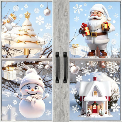 114PCS Christmas Snowflake Window Stickers – White 3D Static Clings with Santa & Snowman Designs for Glass Windows, Home & Holiday Party Decorations