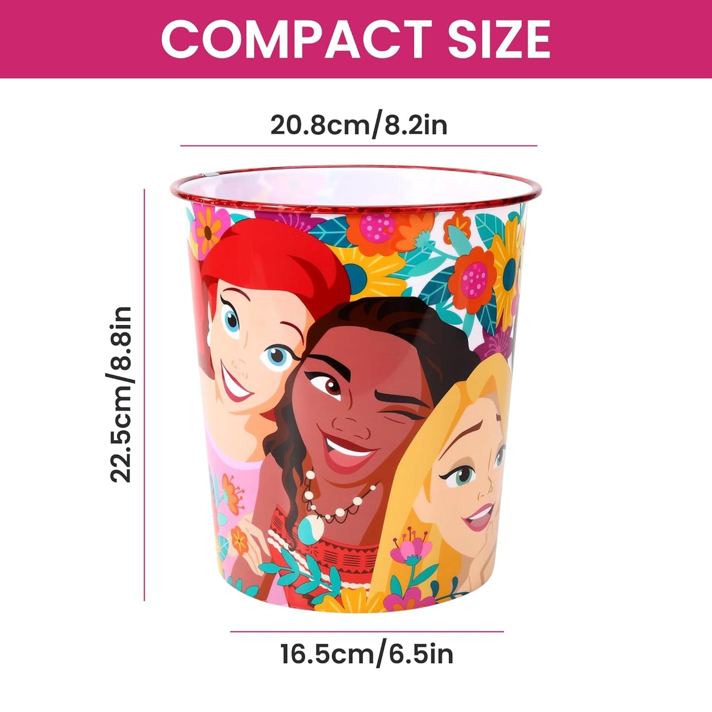 Kids Waste Paper Bin 7L – Disney Princess Design Plastic Trash Can for Bedroom, Study Desk & Playroom, Lightweight Open Top Dustbin