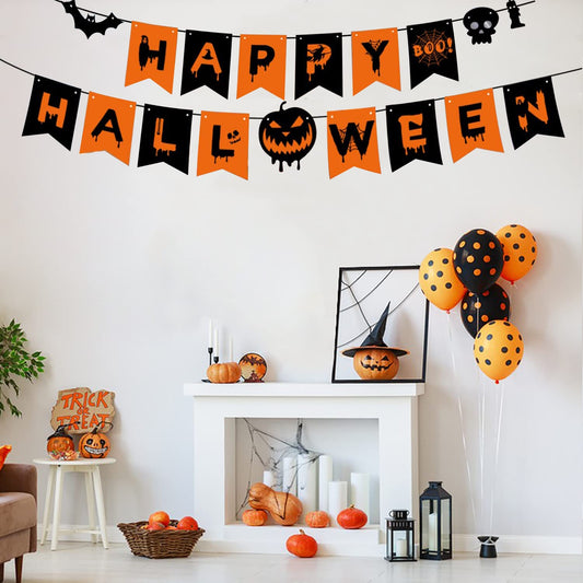 Happy Halloween Banner Decorations – Pumpkin Bunting Hanging Garland for Indoor & Outdoor Halloween Party, Home or Office Decor