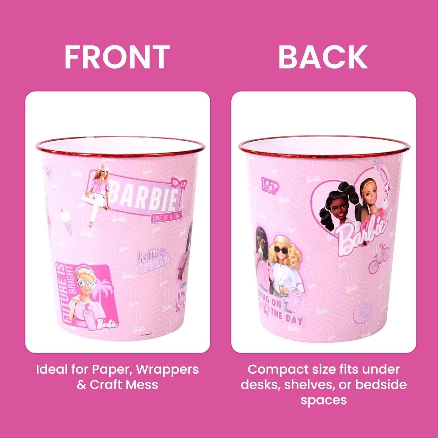 Kids Waste Paper Bin 7L – Barbie Design Plastic Trash Can for Bedroom, Study Desk & Playroom, Lightweight Open Top Dustbin