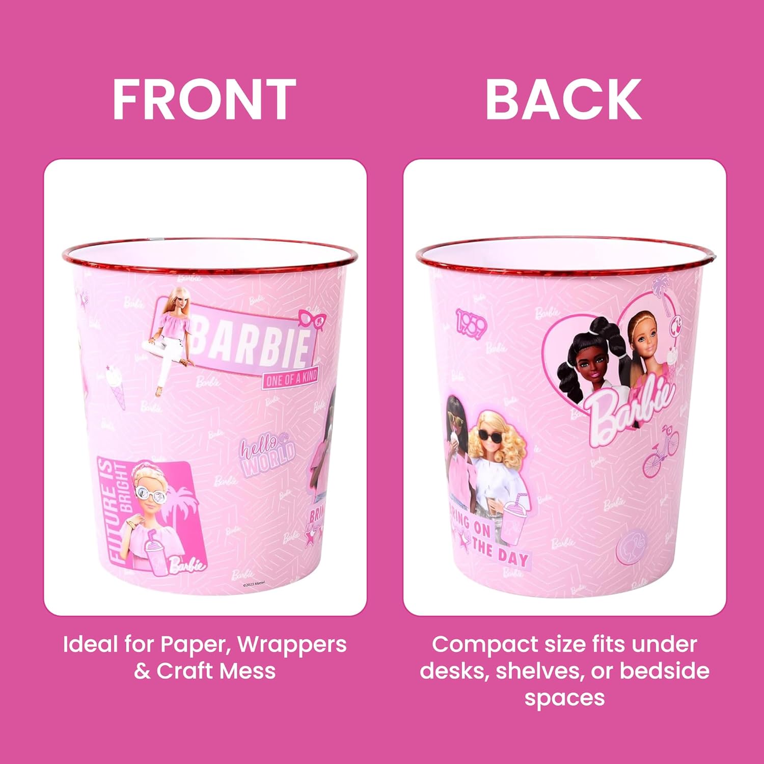 Kids Waste Paper Bin 7L – Barbie Design Plastic Trash Can for Bedroom, Study Desk & Playroom, Lightweight Open Top Dustbin