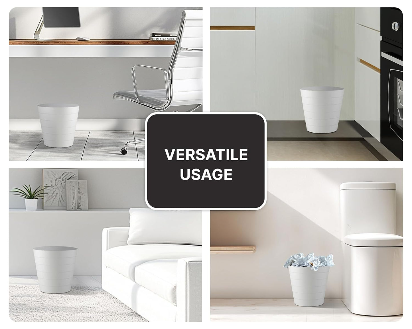 8L Plastic Paper Bin – Shatterproof Open Top Office & Desk Waste Basket, Modern Wave Design, White