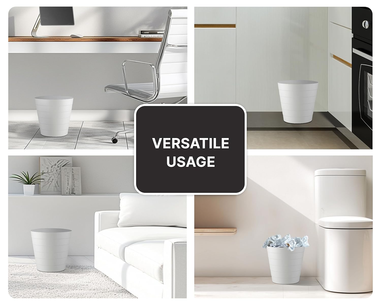 8L Plastic Paper Bin – Shatterproof Open Top Office & Desk Waste Basket, Modern Wave Design, White