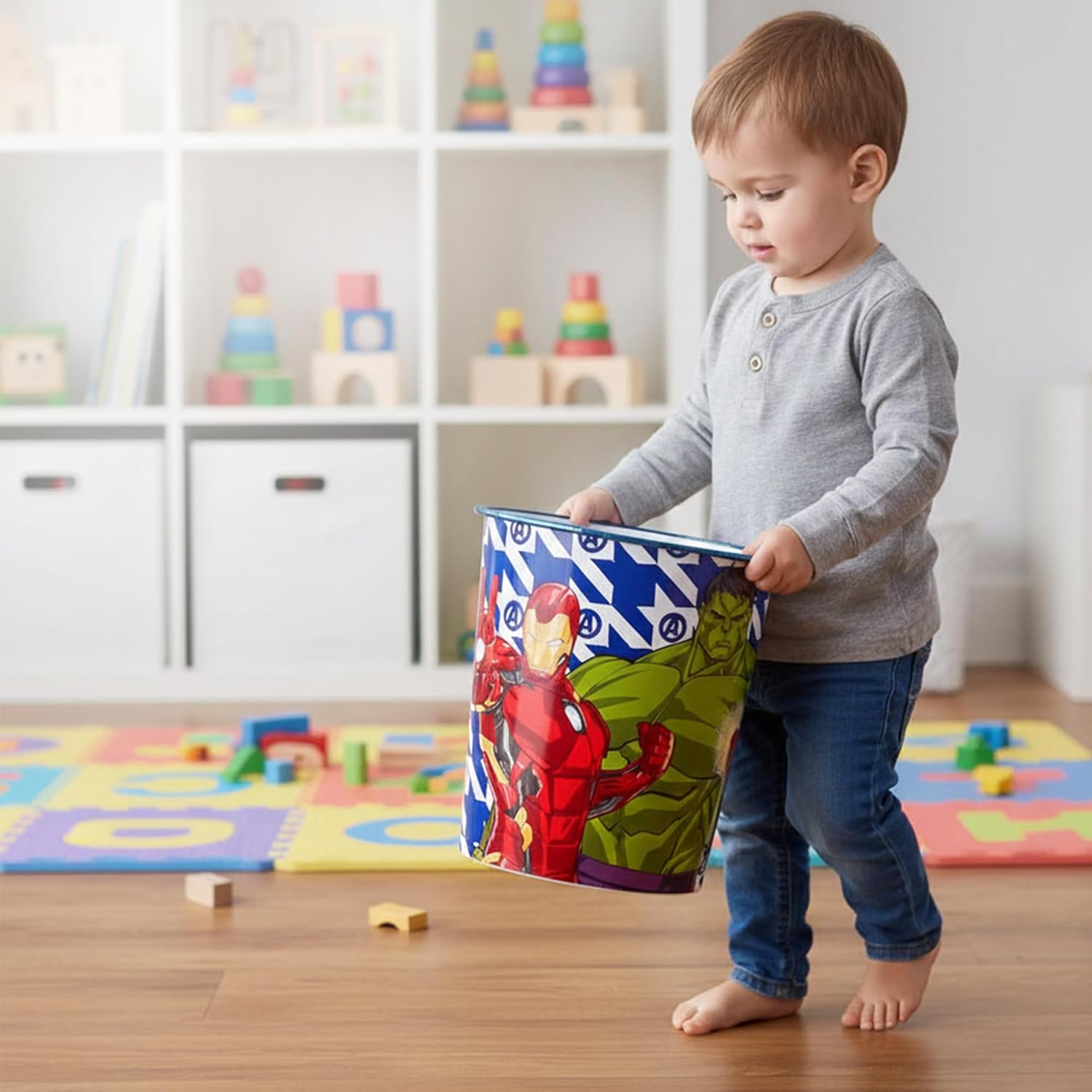 Kids Waste Paper Bin 7L – Avengers Design Plastic Trash Can for Bedroom, Study Desk & Playroom, Lightweight Open Top Dustbin